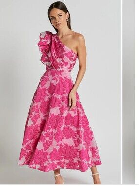 Alfreda Midi Dress One Shoulder Ruffle Detail Brailey Jacquard Dress in Pink NWT